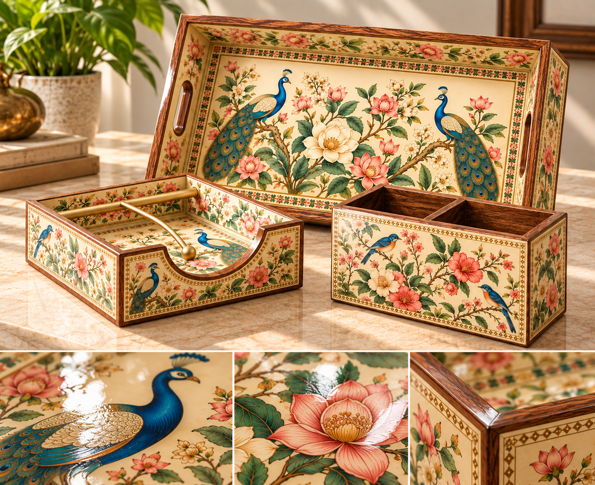 Peacock Blossom 3-Piece Wooden Décor Organizer Set