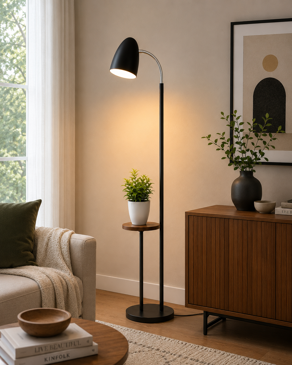 Floor Lamp with Planter Stand & Wooden Tray for Living Room