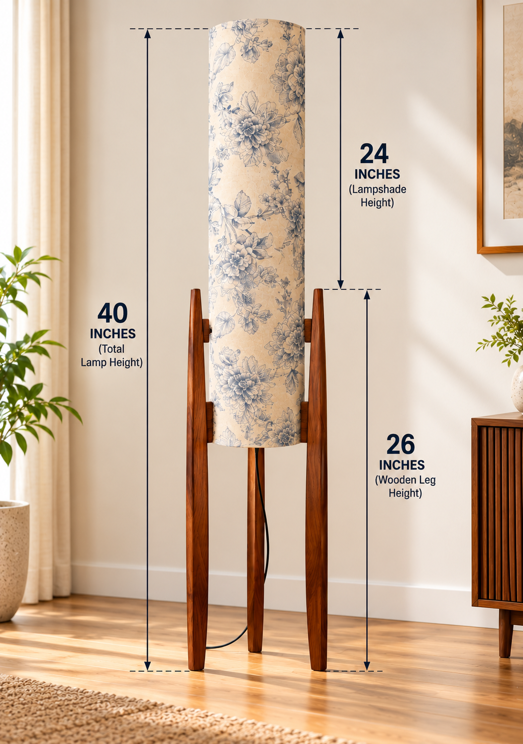 Indigo Bloom Floral Printed Wooden Pillar Floor Lamp