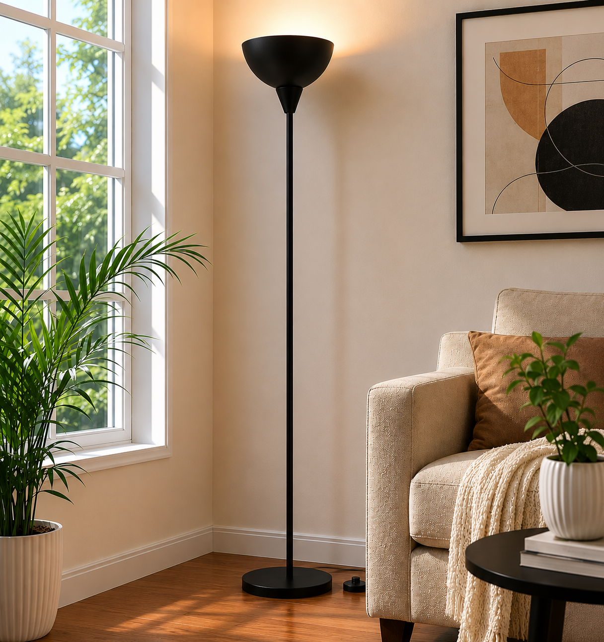 Modern Uplighter Floor Lamp with Matte Black Metal Finish
