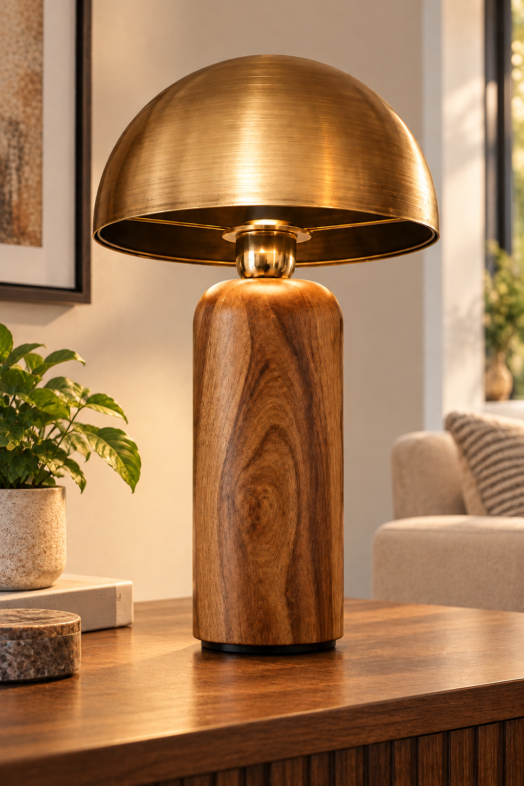 Golden Dome Table Lamp with Wooden Base Modern Ambient Light