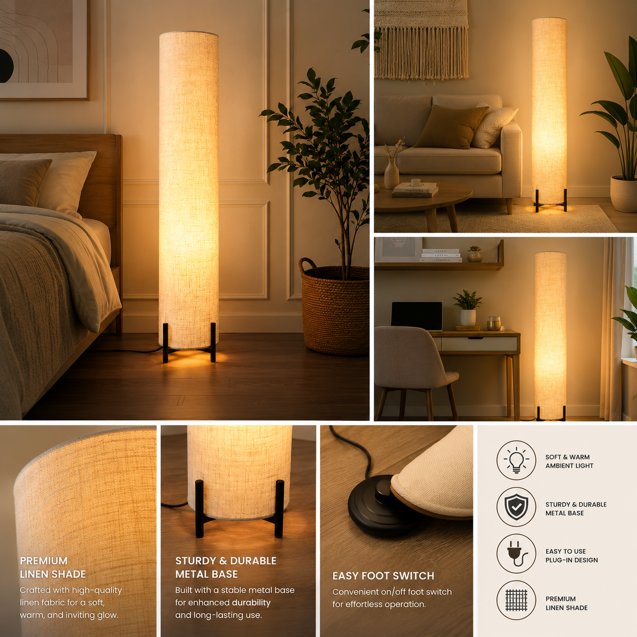 Modern Floor Lamp for Living Room with Warm Fabric Shade