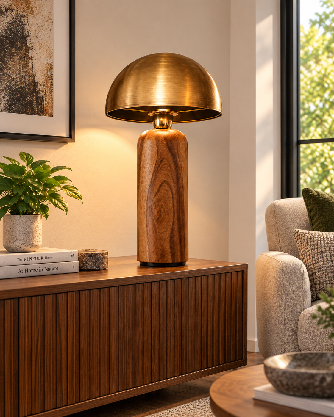 Golden Dome Table Lamp with Wooden Base Modern Ambient Light
