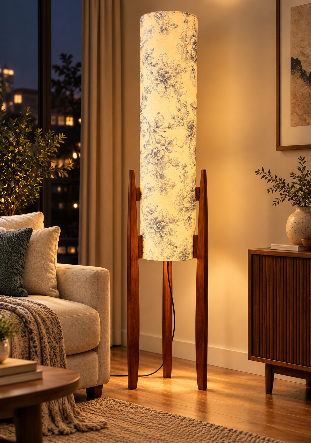Indigo Bloom Floral Printed Wooden Pillar Floor Lamp