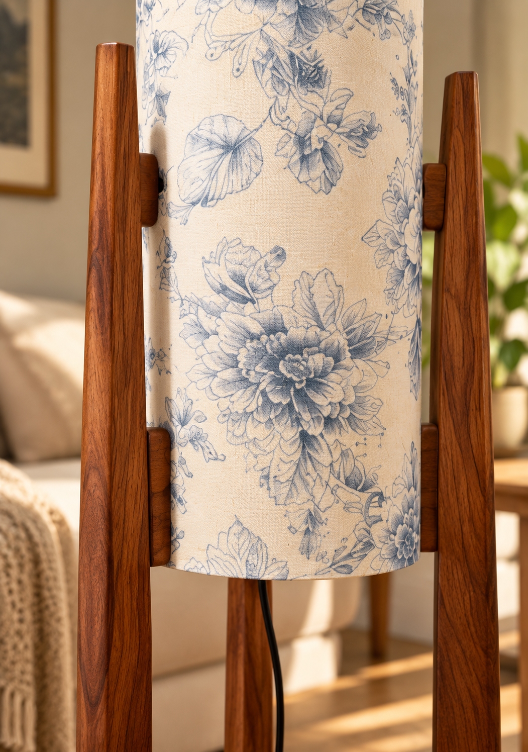 Indigo Bloom Floral Printed Wooden Pillar Floor Lamp