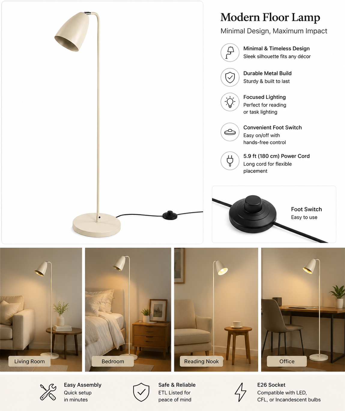 Minimalist Metal Floor Lamp for Living Room & Bedroom