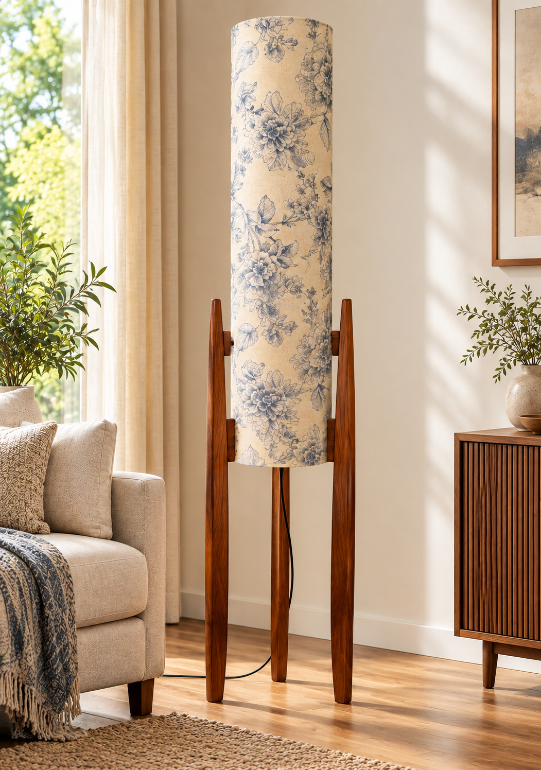 Indigo Bloom Floral Printed Wooden Pillar Floor Lamp