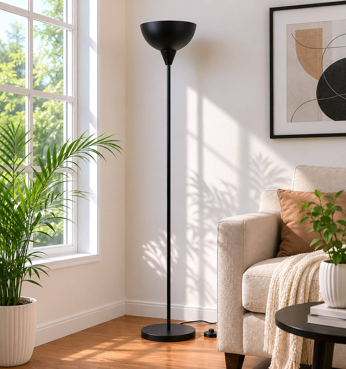 Modern Uplighter Floor Lamp with Matte Black Metal Finish