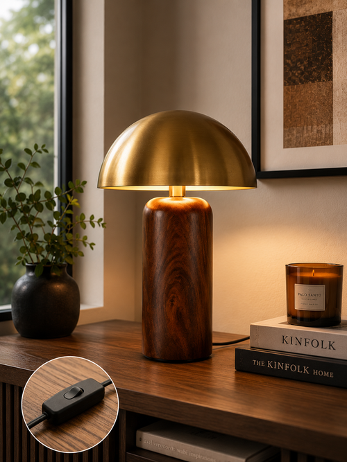 Golden Dome Table Lamp with Wooden Base Modern Ambient Light