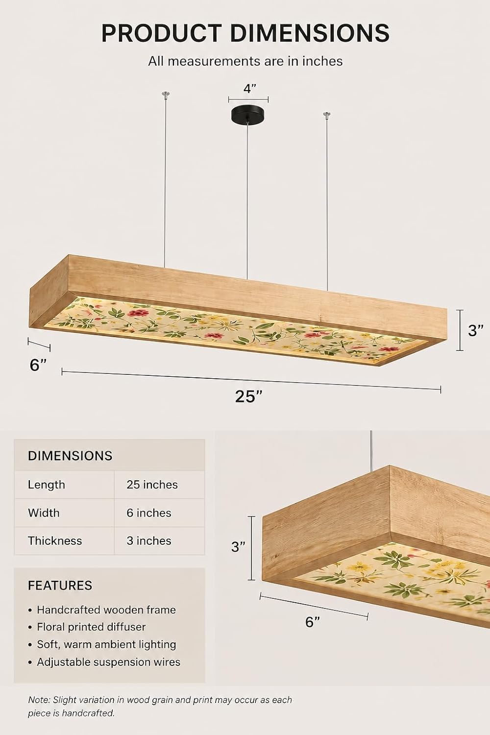 Wooden Hanging Pendant Light for Dining Table Warm White LED - 26 Inch