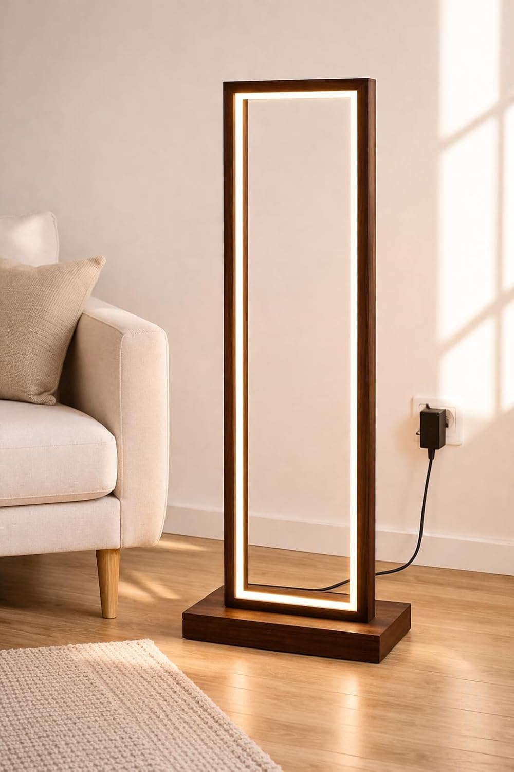 Slim LED Wooden Corner Floor Lamp with Warm White Ambient Light