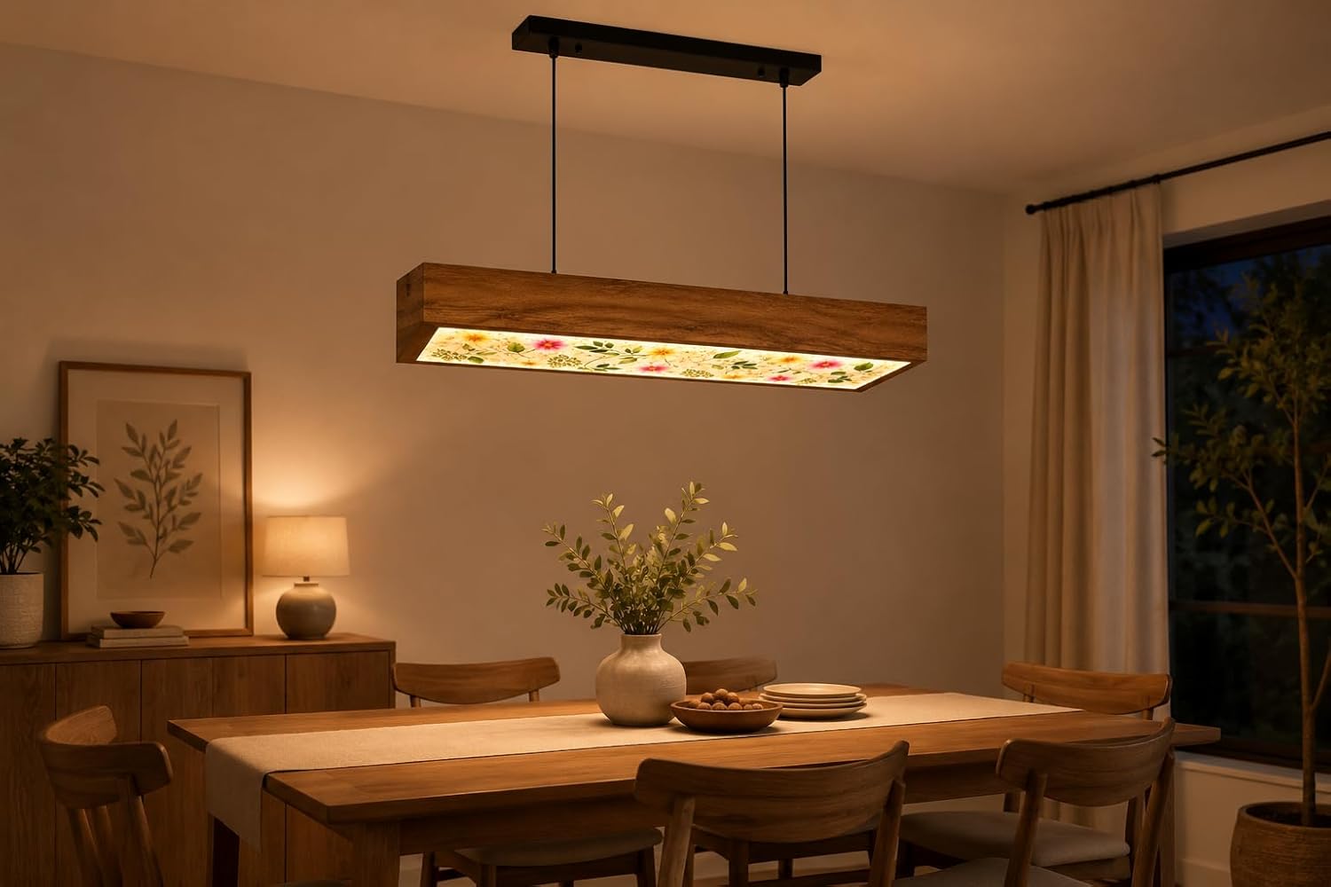 Wooden Hanging Pendant Light for Dining Table Warm White LED - 26 Inch
