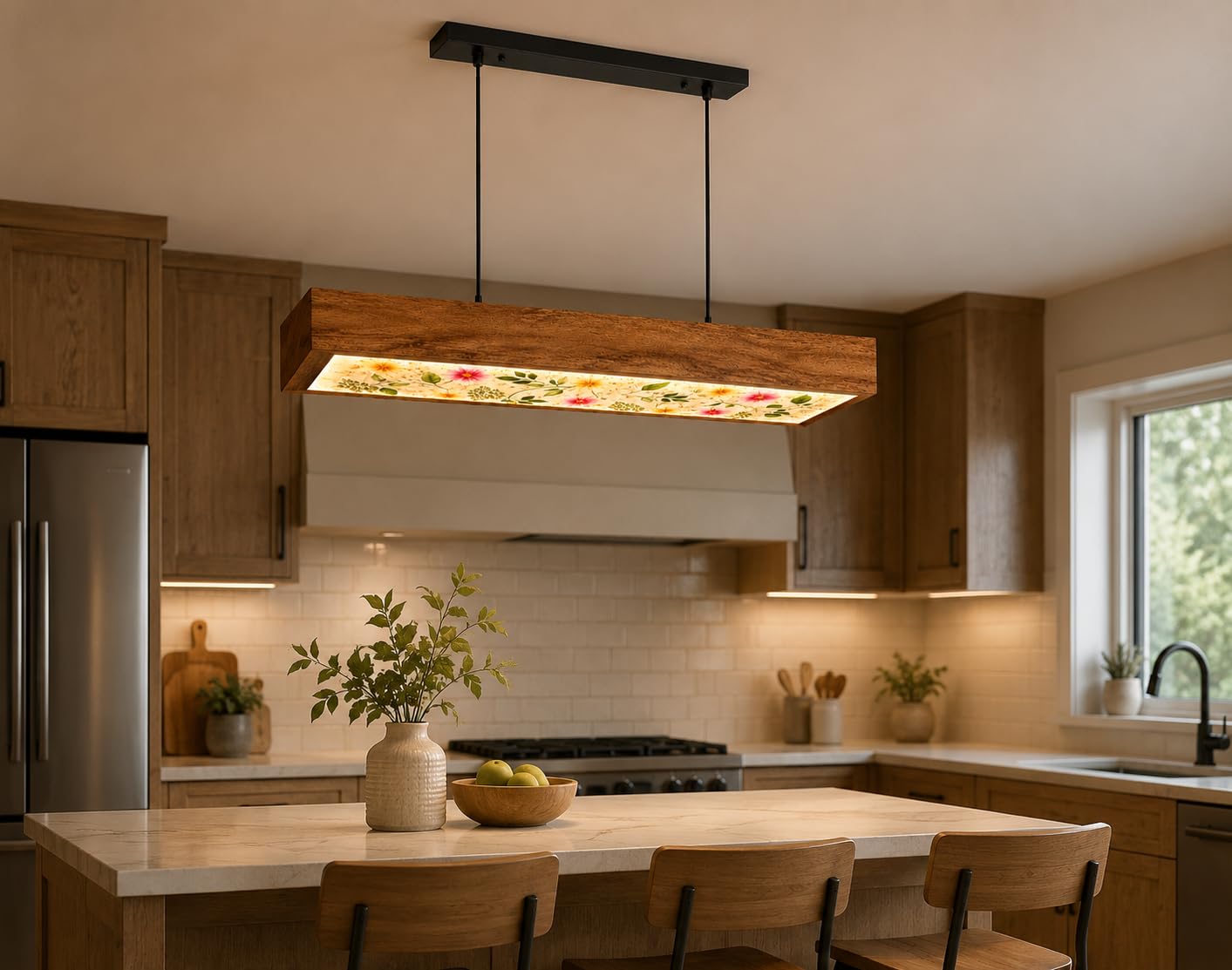 Wooden Hanging Pendant Light for Dining Table Warm White LED - 26 Inch