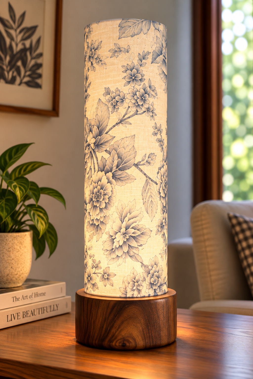 Twilight Blossom Floral Column Wooden Table Lamp