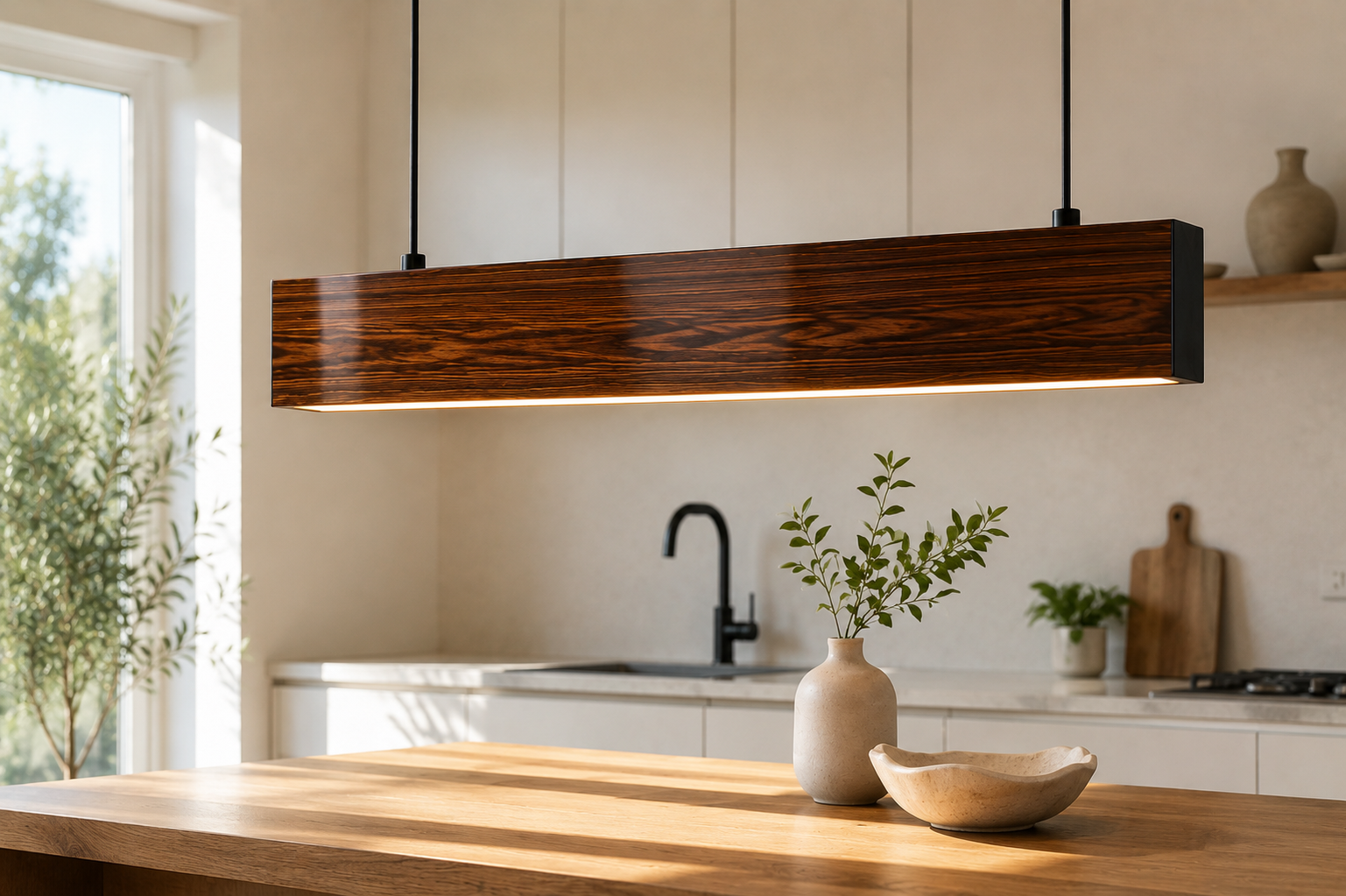 Wooden Hanging Pendant Light for Dining Room Warm White LED- 36 Inch