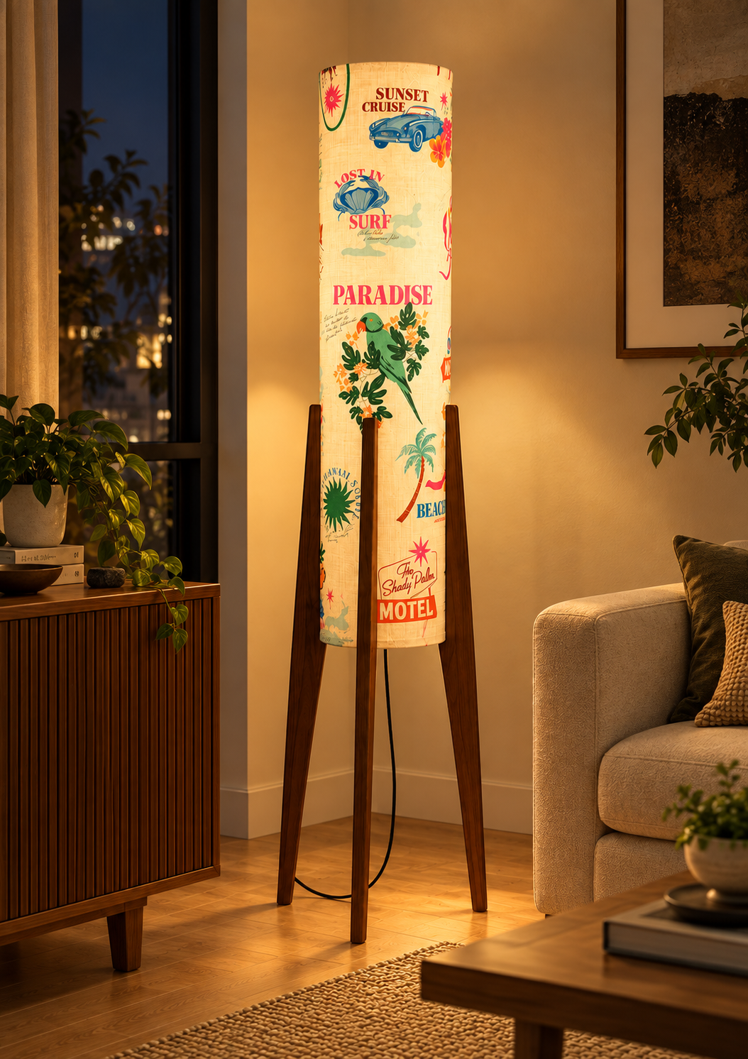 Paradise Cruise Tropical Print Wooden Tripod Floor Lamp