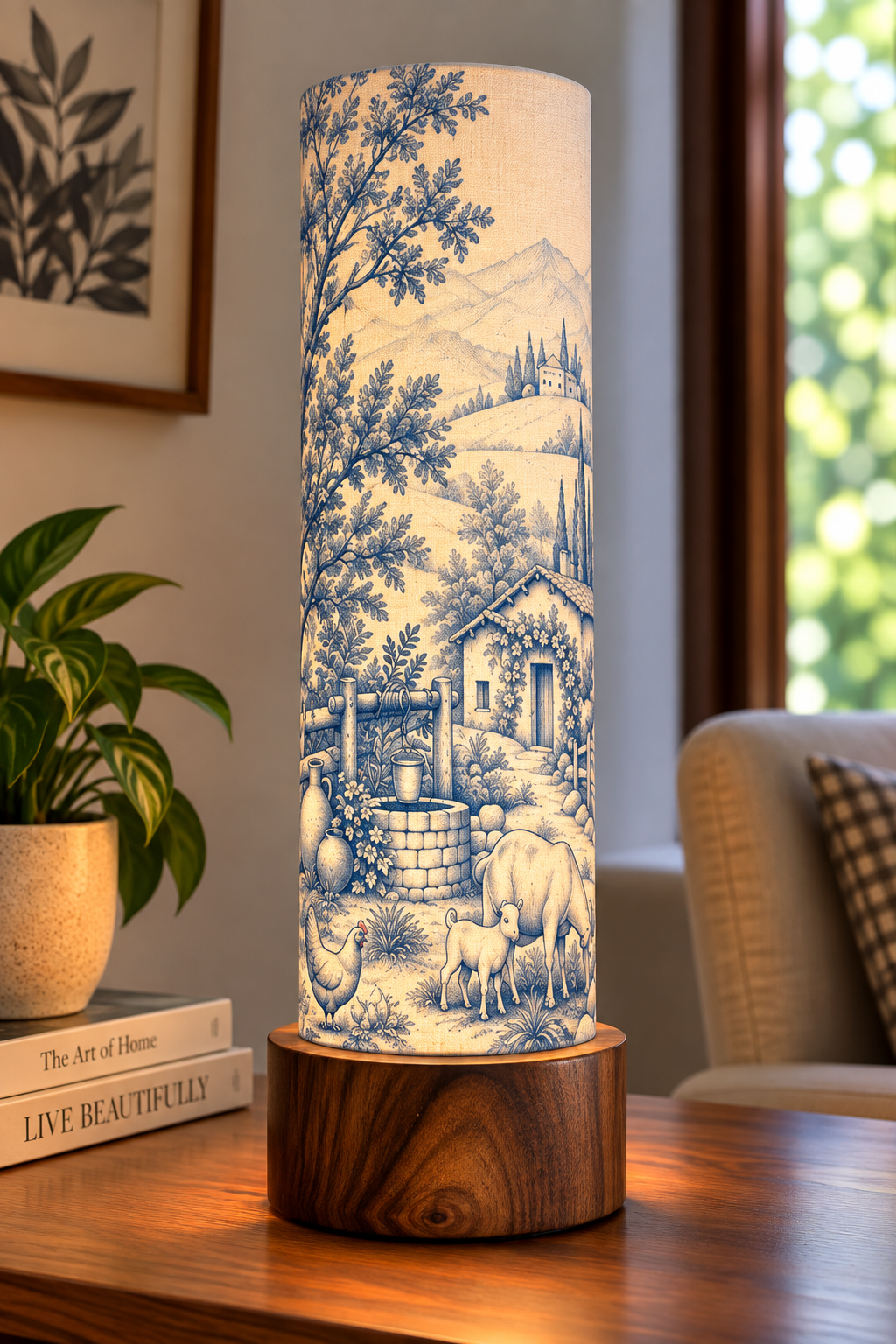 Pastoral Valley Scenic Print Wooden Column Table Lamp