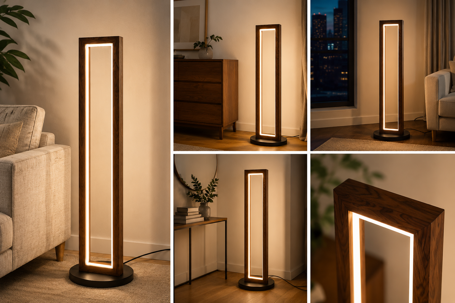 Slim LED Wooden Corner Floor Lamp with Warm White Ambient Light