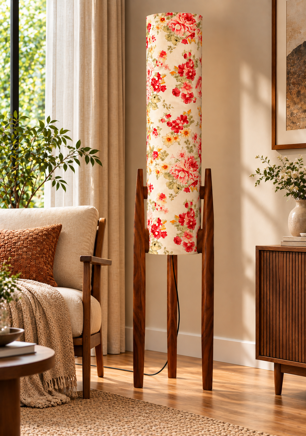 Crimson Garden Floral Tripod Floor Lamp