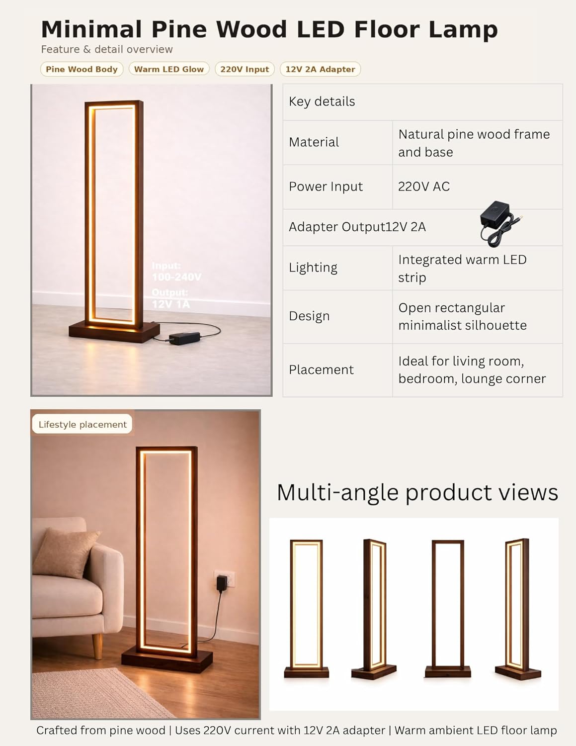 Slim LED Wooden Corner Floor Lamp with Warm White Ambient Light