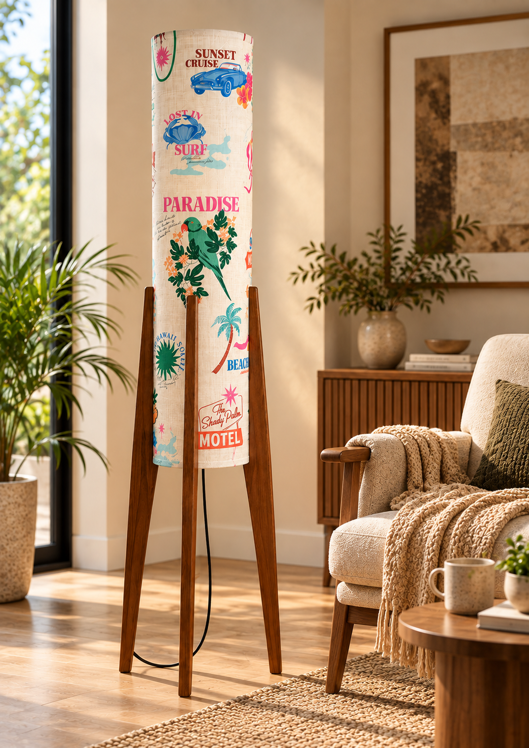 Paradise Cruise Tropical Print Wooden Tripod Floor Lamp