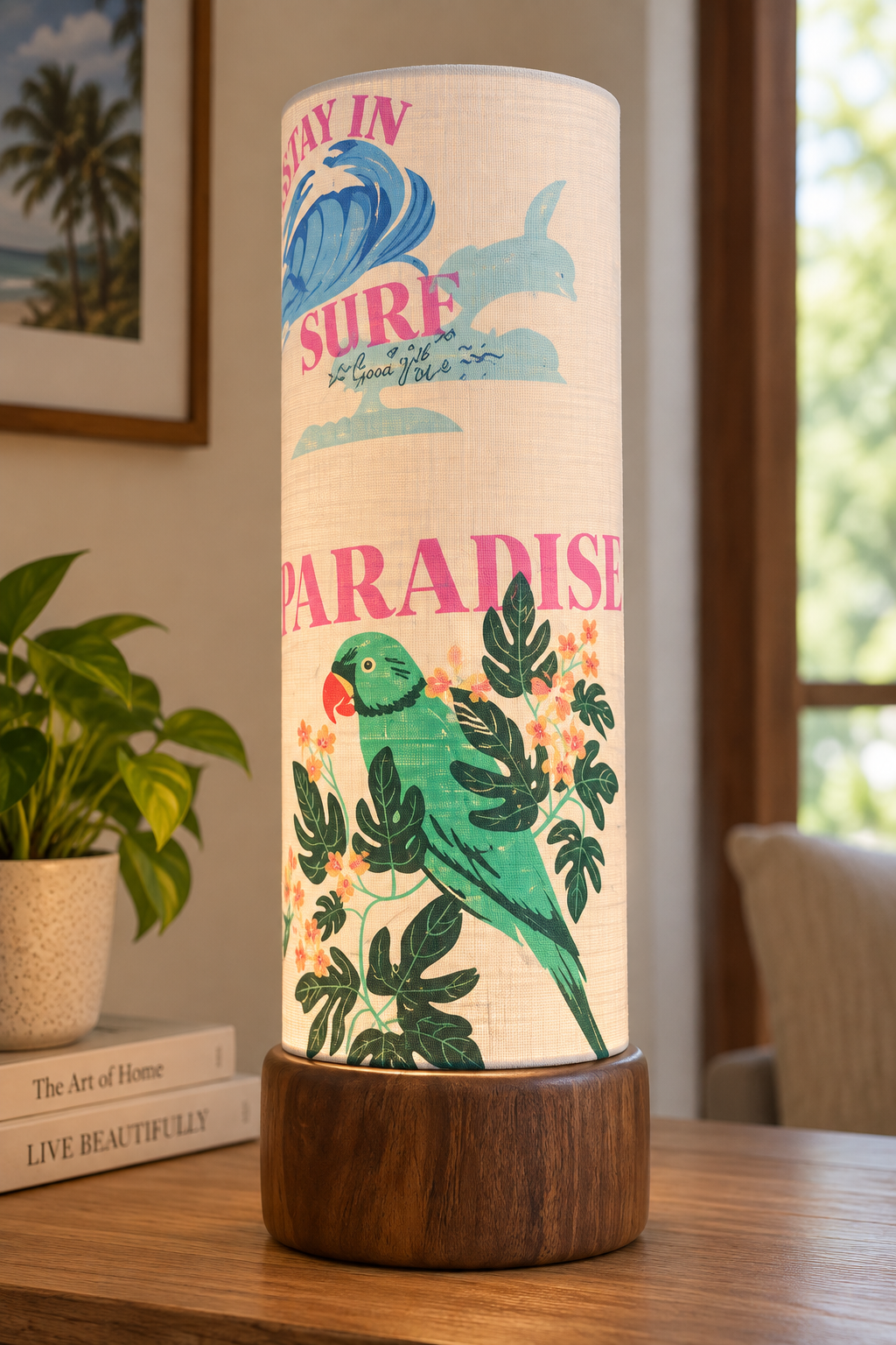 Surf & Parrot Tropical Printed Wood Base Table Lamp