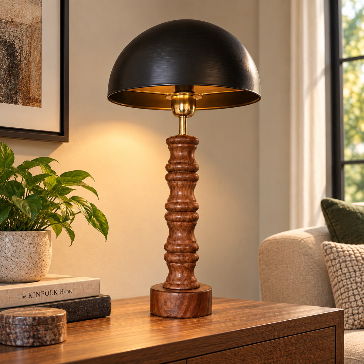 Buddha Himalayan Table Lamp with Wooden Base – Spiritual Décor Light
