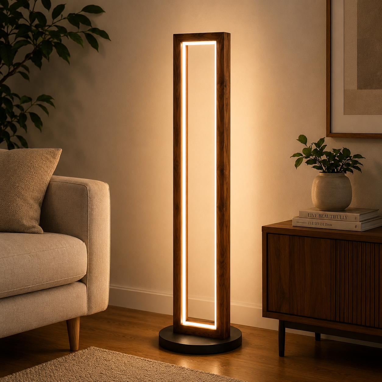 Slim LED Wooden Corner Floor Lamp with Warm White Ambient Light