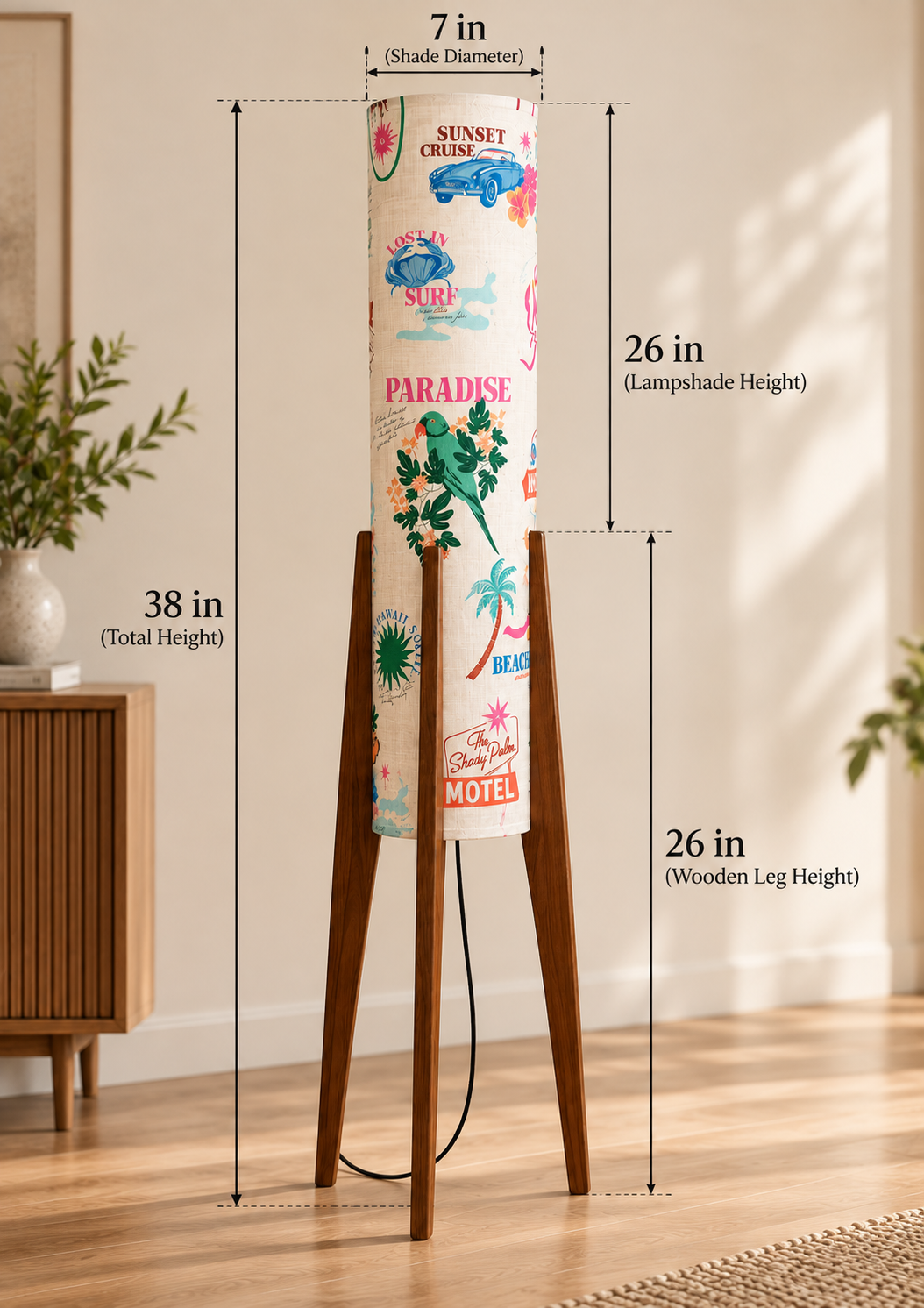 Paradise Cruise Tropical Print Wooden Tripod Floor Lamp