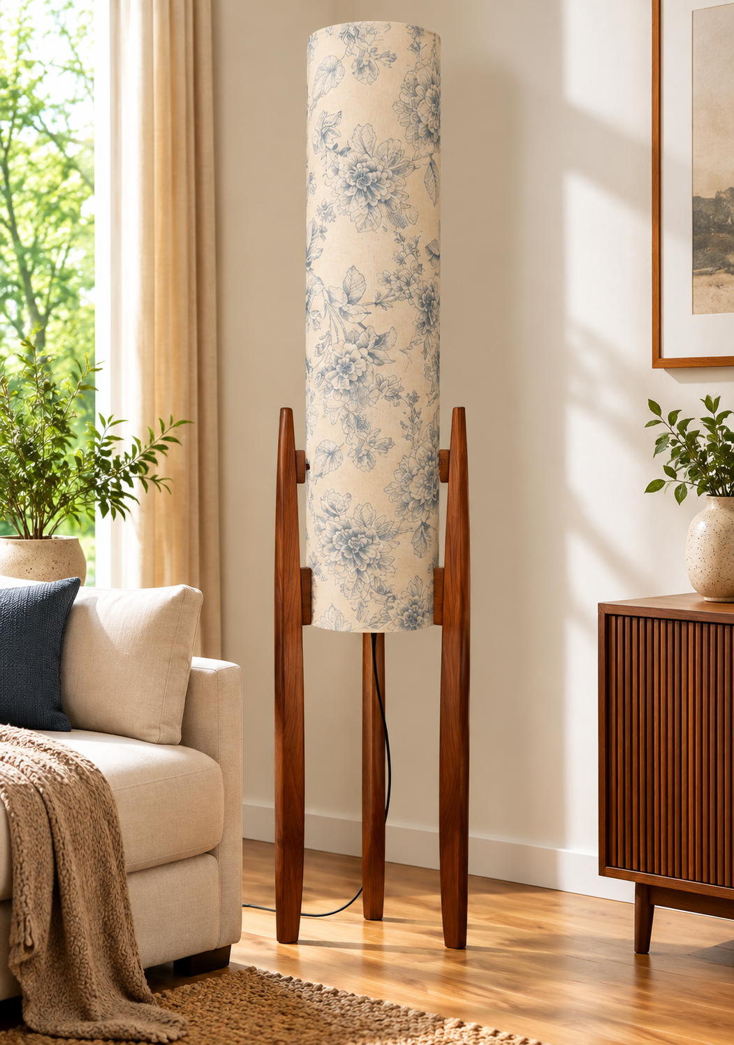 Indigo Bloom Floral Printed Wooden Pillar Floor Lamp