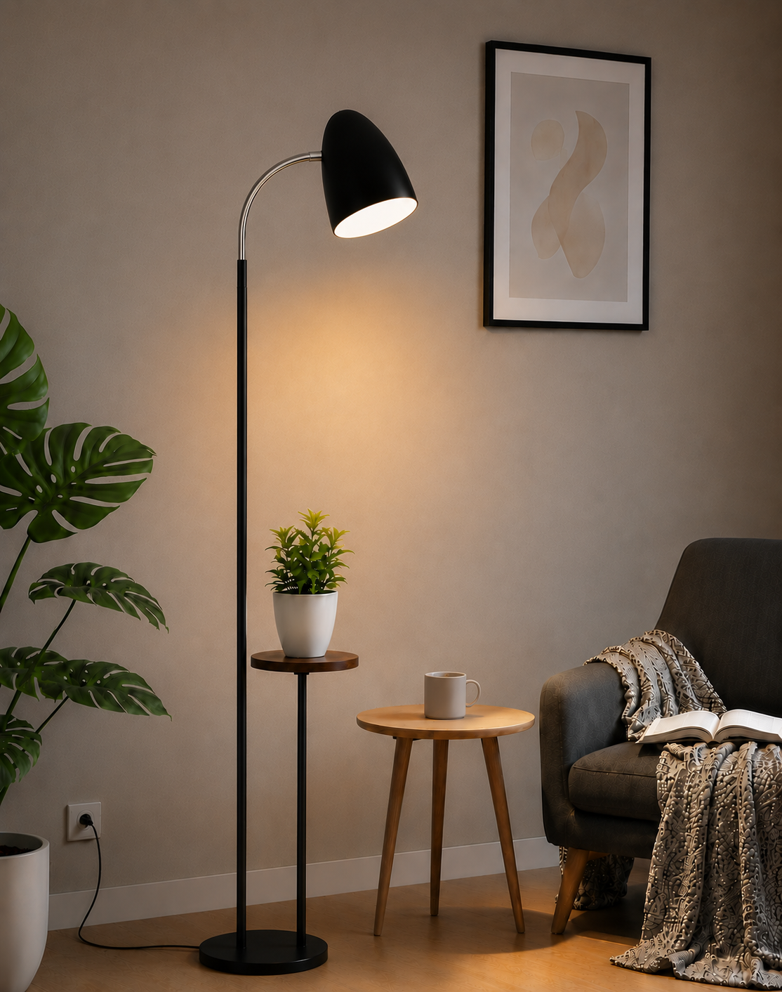 Floor Lamp with Planter Stand & Wooden Tray for Living Room