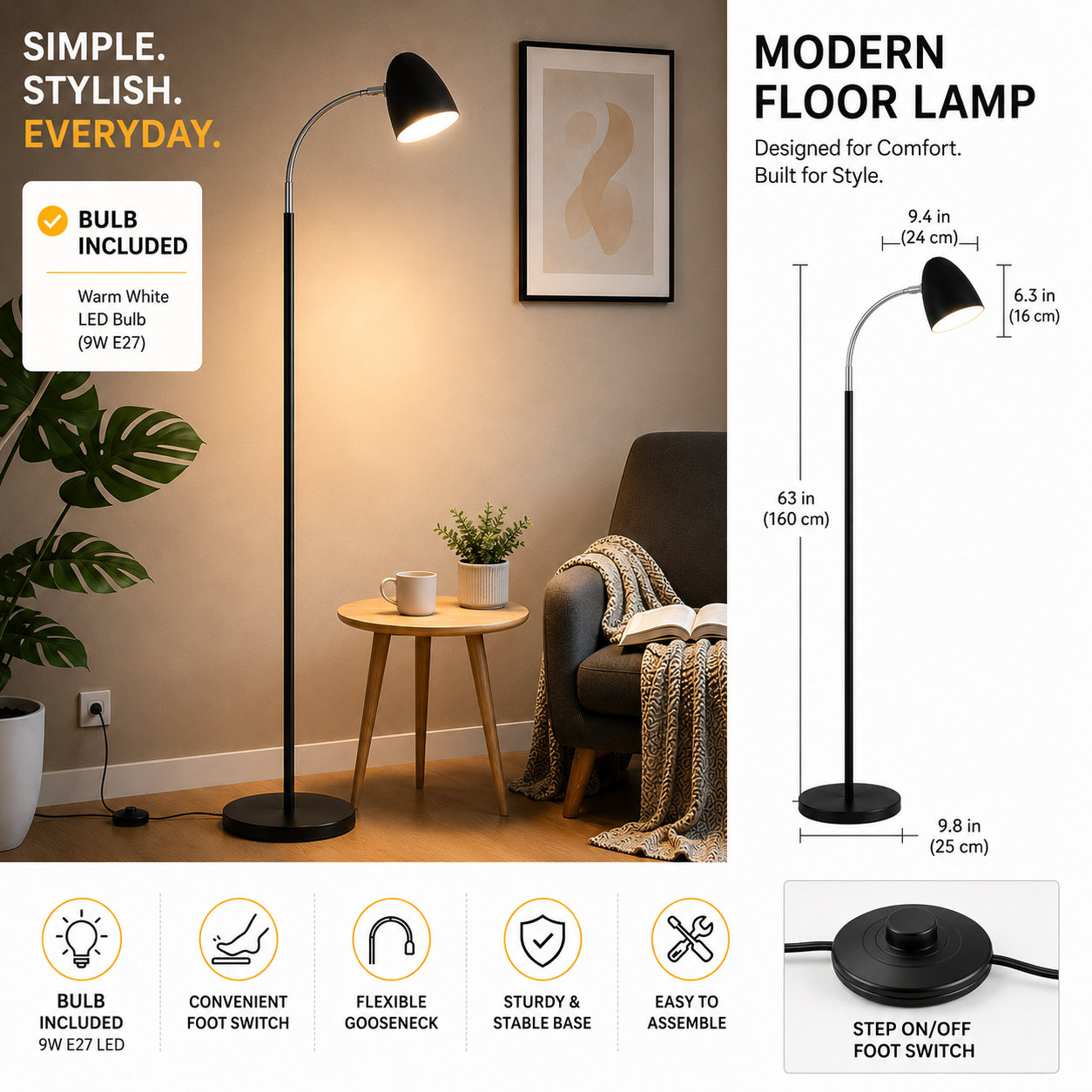 Modern Arc Floor Lamp with Adjustable Gooseneck Shade