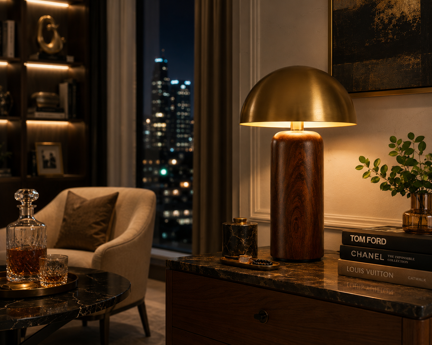 Golden Dome Table Lamp with Wooden Base Modern Ambient Light