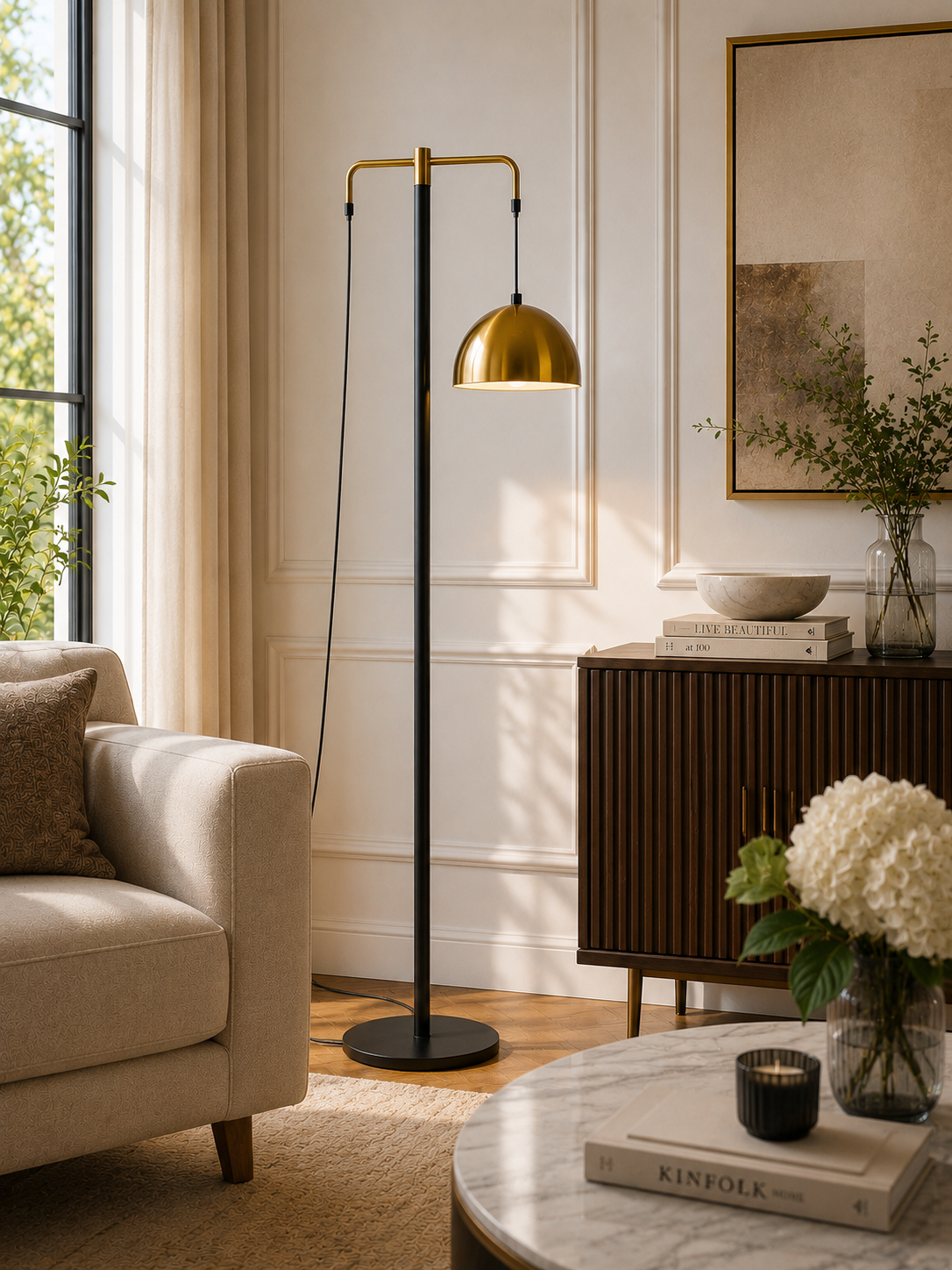 Gold Dome Floor Lamp with Black Metal Body for Home Decor