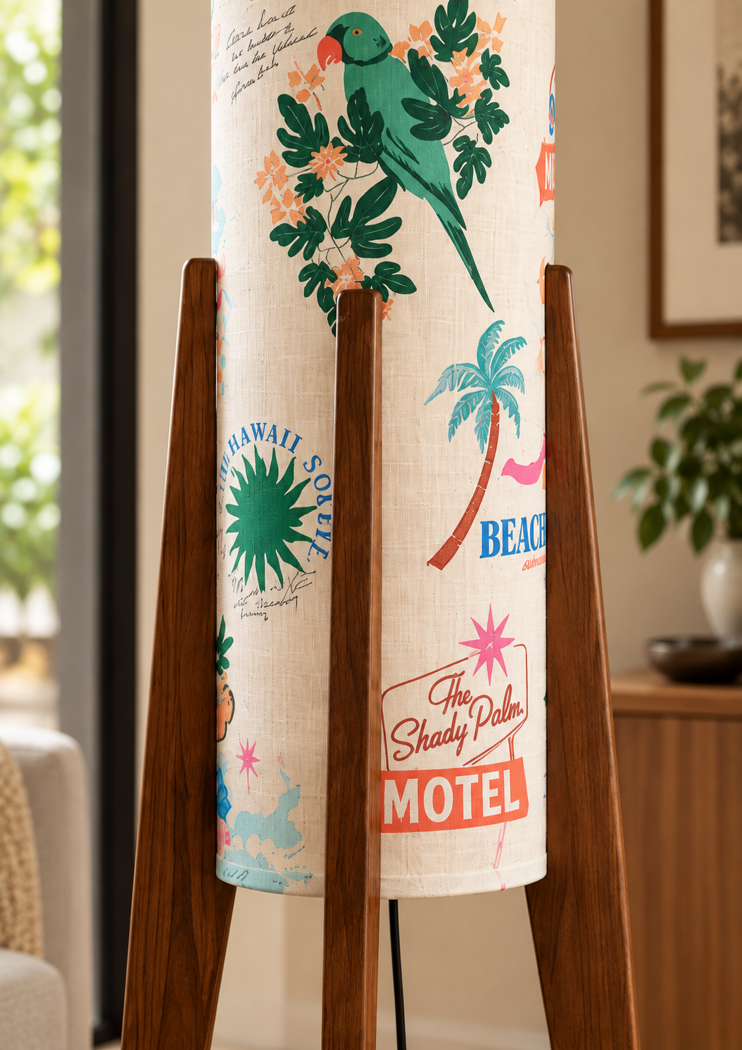 Paradise Cruise Tropical Print Wooden Tripod Floor Lamp