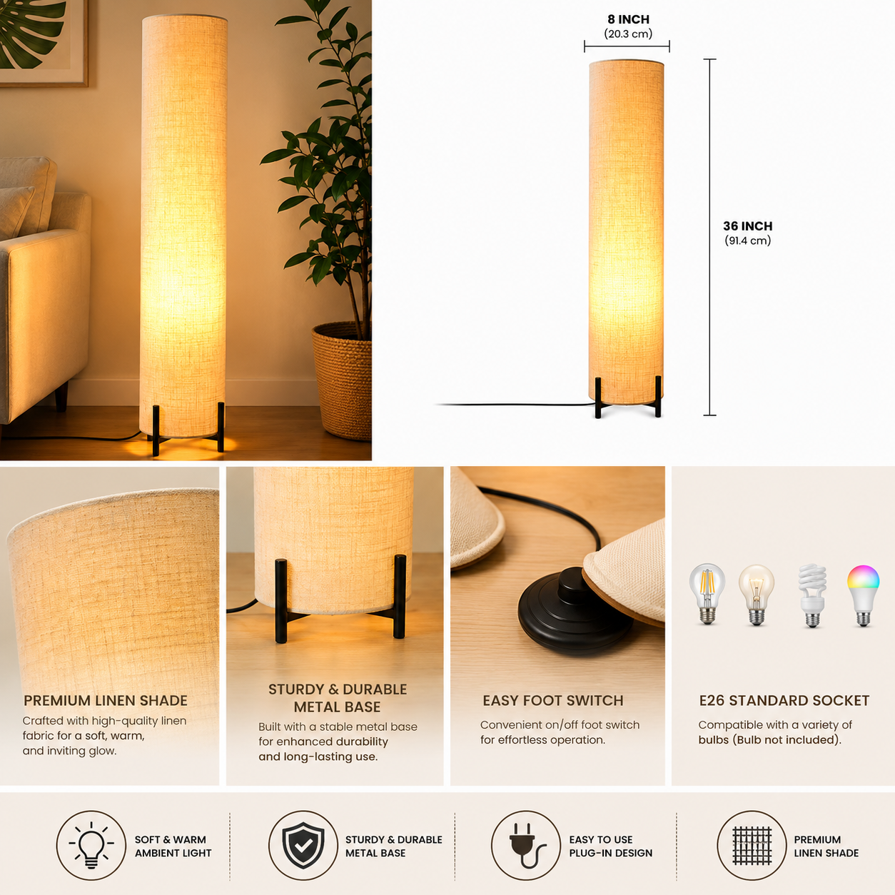 Modern Floor Lamp for Living Room with Warm Fabric Shade