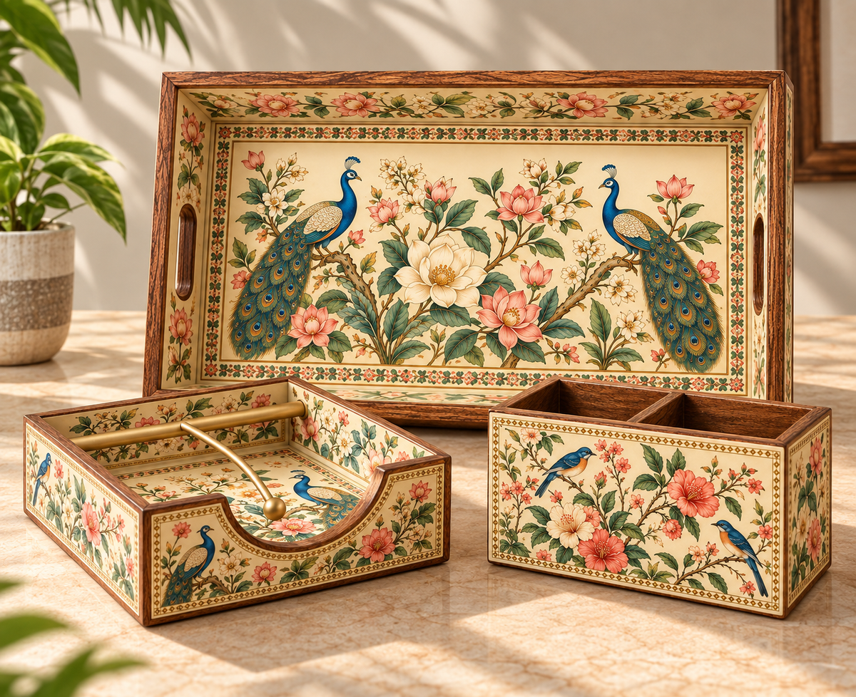 Peacock Blossom 3-Piece Wooden Décor Organizer Set