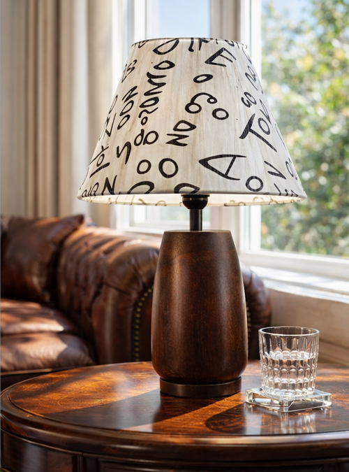 Artistic Wooden Table Lamp with Printed Fabric Shade – Sheesham Wood Base Bedside Lamp | Decorative Night Lamp for Bedroom, Living Room, Home Décor