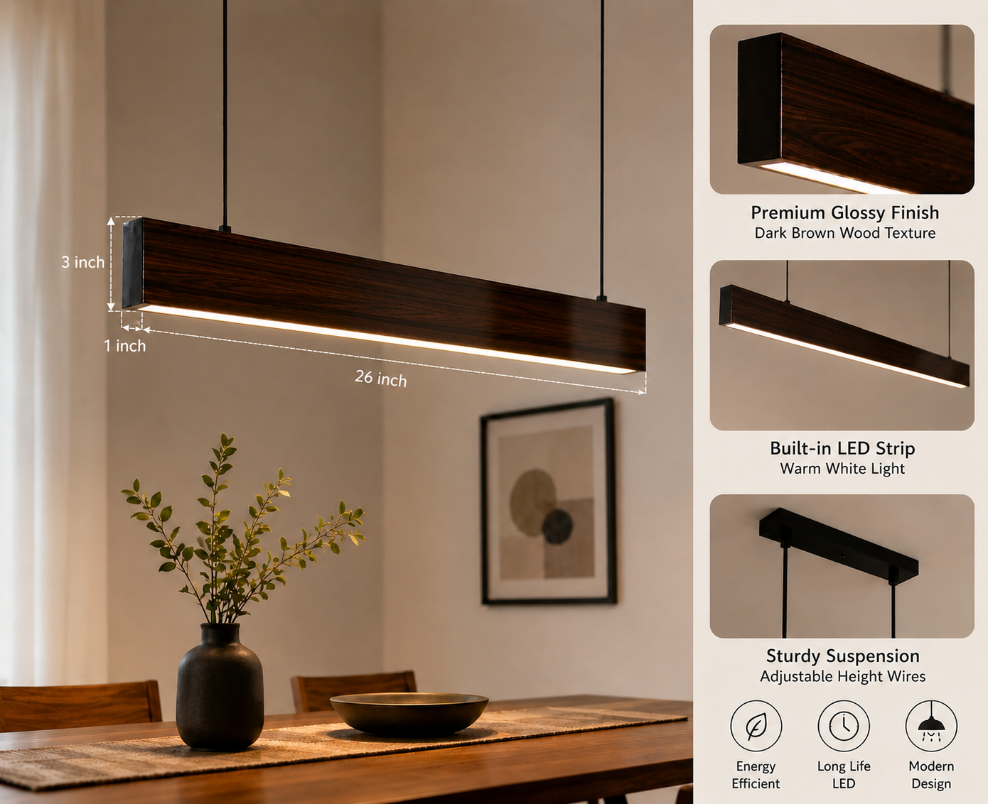 Wooden Hanging Pendant Light for Dining Room Warm White LED- 26 Inch