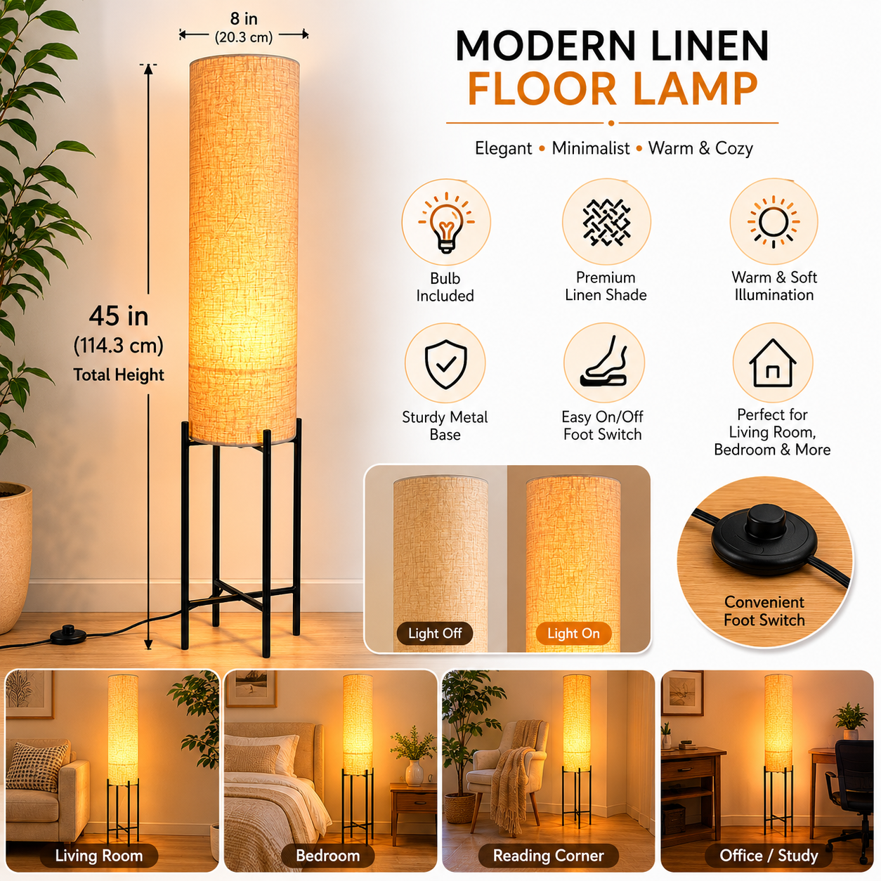 Modern Floor Lamp with Fabric Shade for Living Room & Bedroom