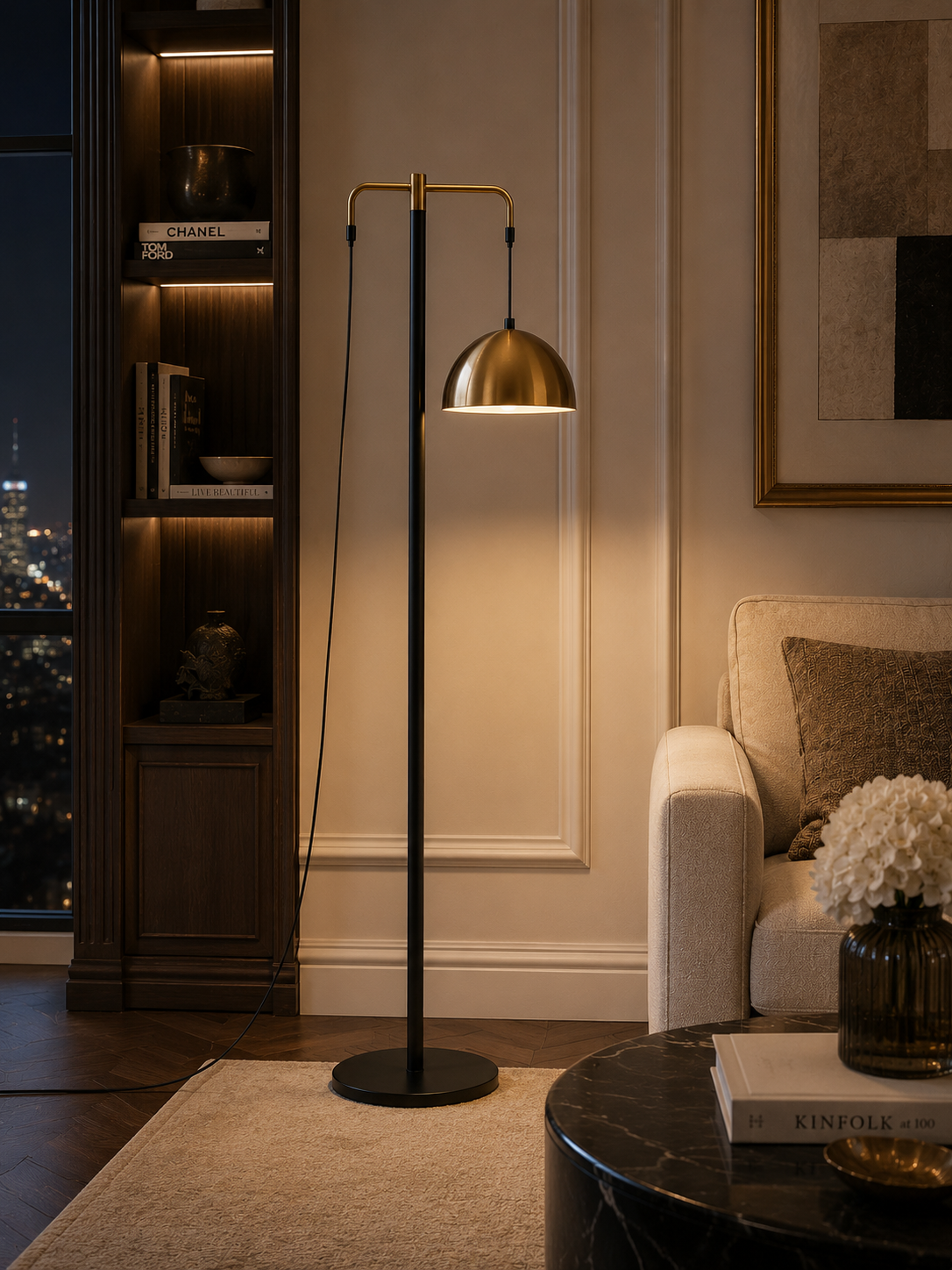 Gold Dome Floor Lamp with Black Metal Body for Home Decor