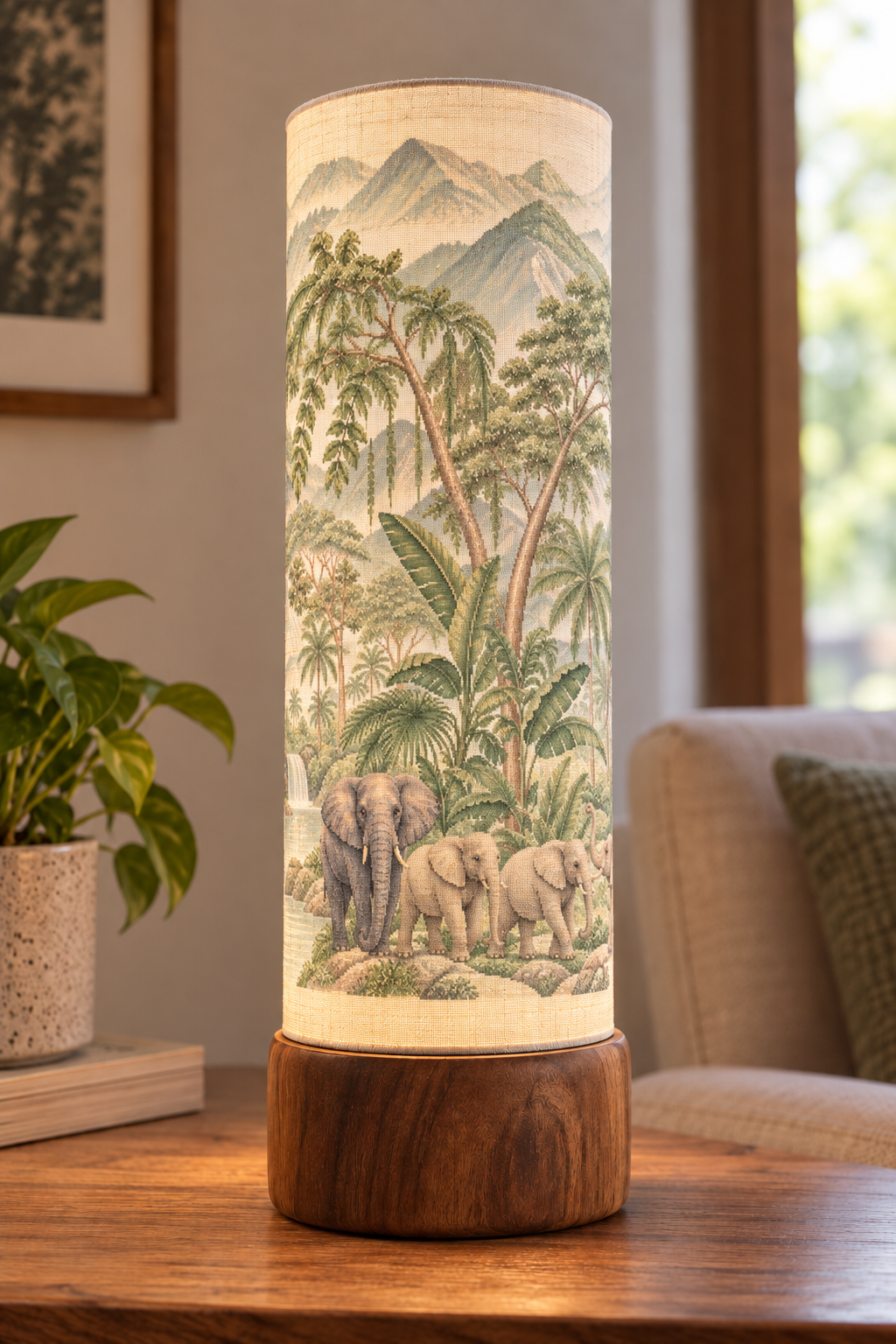 Elephant Haven Jungle Print Wooden Column Table Lamp
