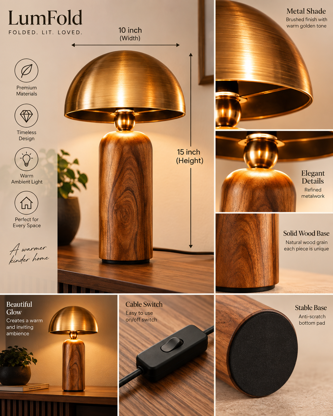 Golden Dome Table Lamp with Wooden Base Modern Ambient Light