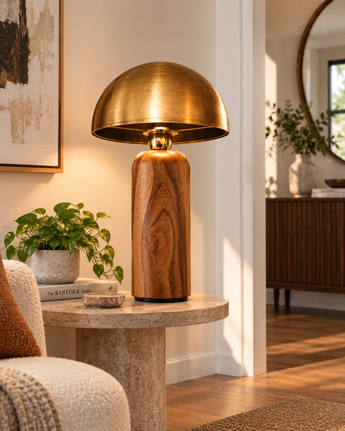 Golden Dome Table Lamp with Wooden Base Modern Ambient Light
