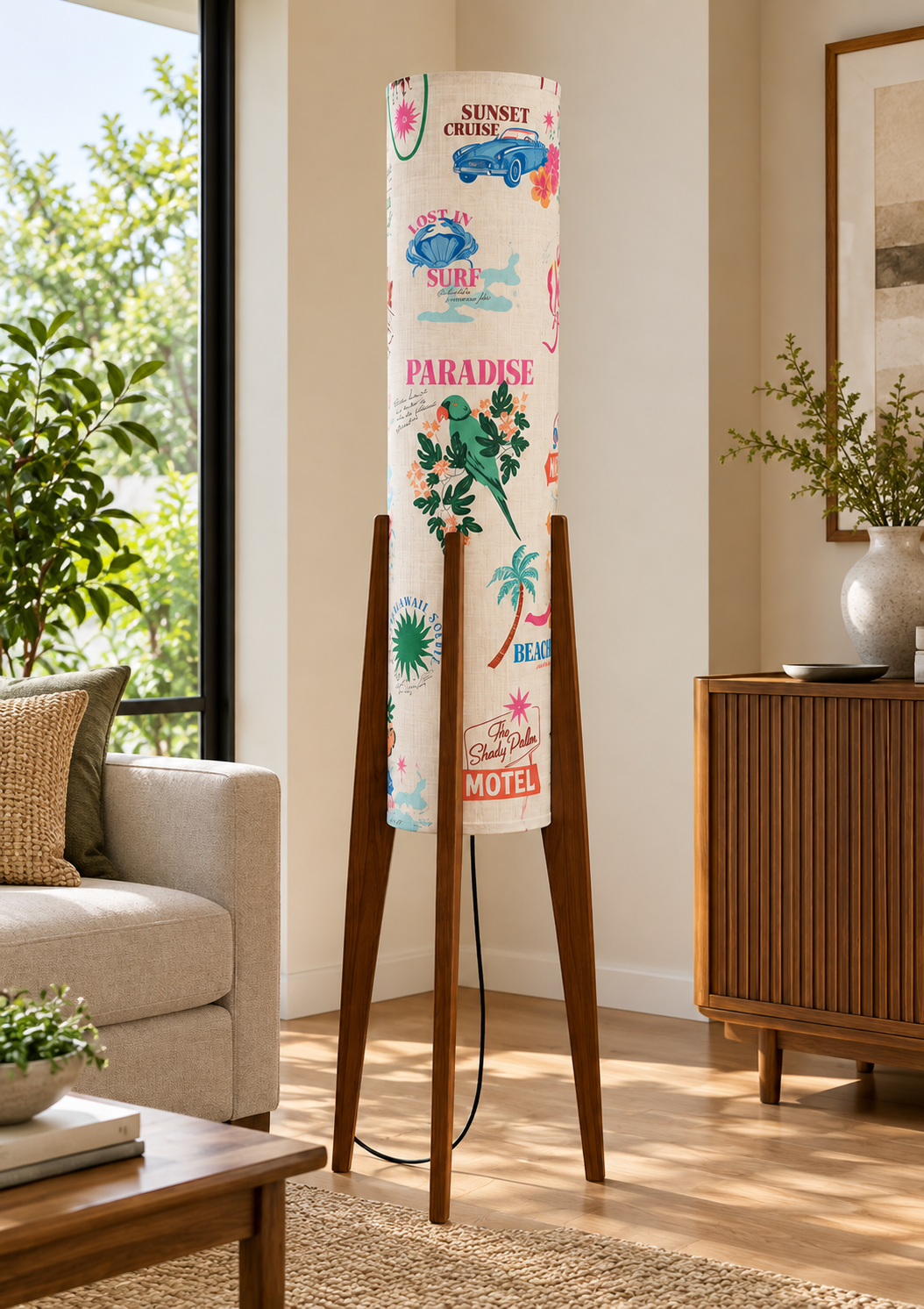 Paradise Cruise Tropical Print Wooden Tripod Floor Lamp