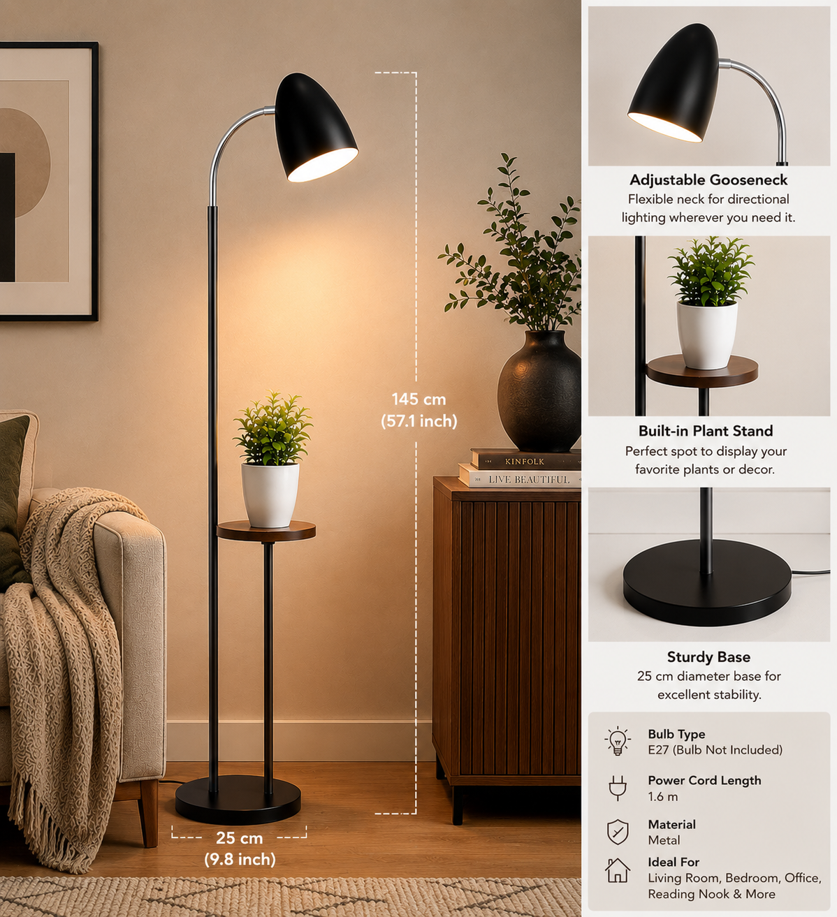 Floor Lamp with Planter Stand & Wooden Tray for Living Room