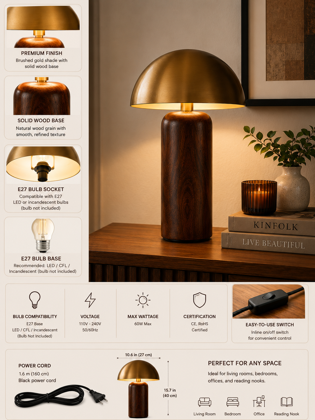 Golden Dome Table Lamp with Wooden Base Modern Ambient Light