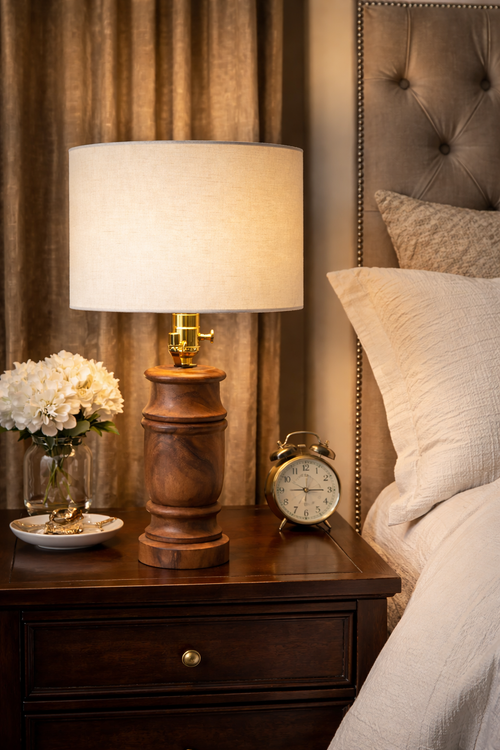 Lumfold Classic Wooden Table Lamp with Fabric Shade – 21 Inch Bedside Accent Lamp