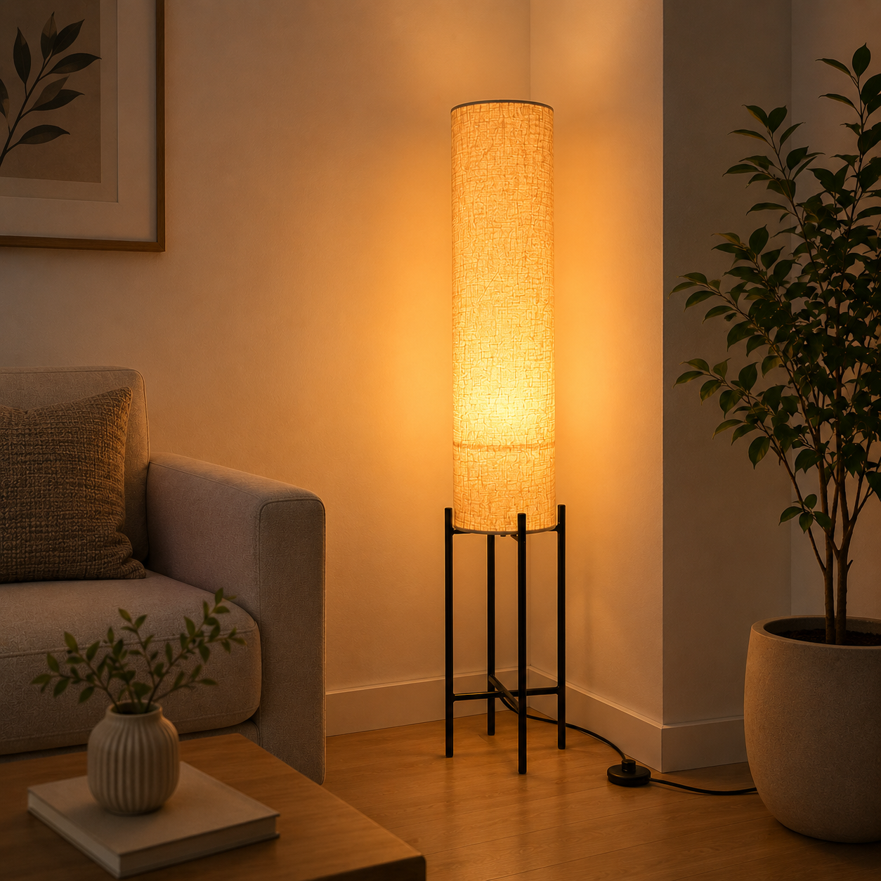 Modern Floor Lamp with Fabric Shade for Living Room & Bedroom