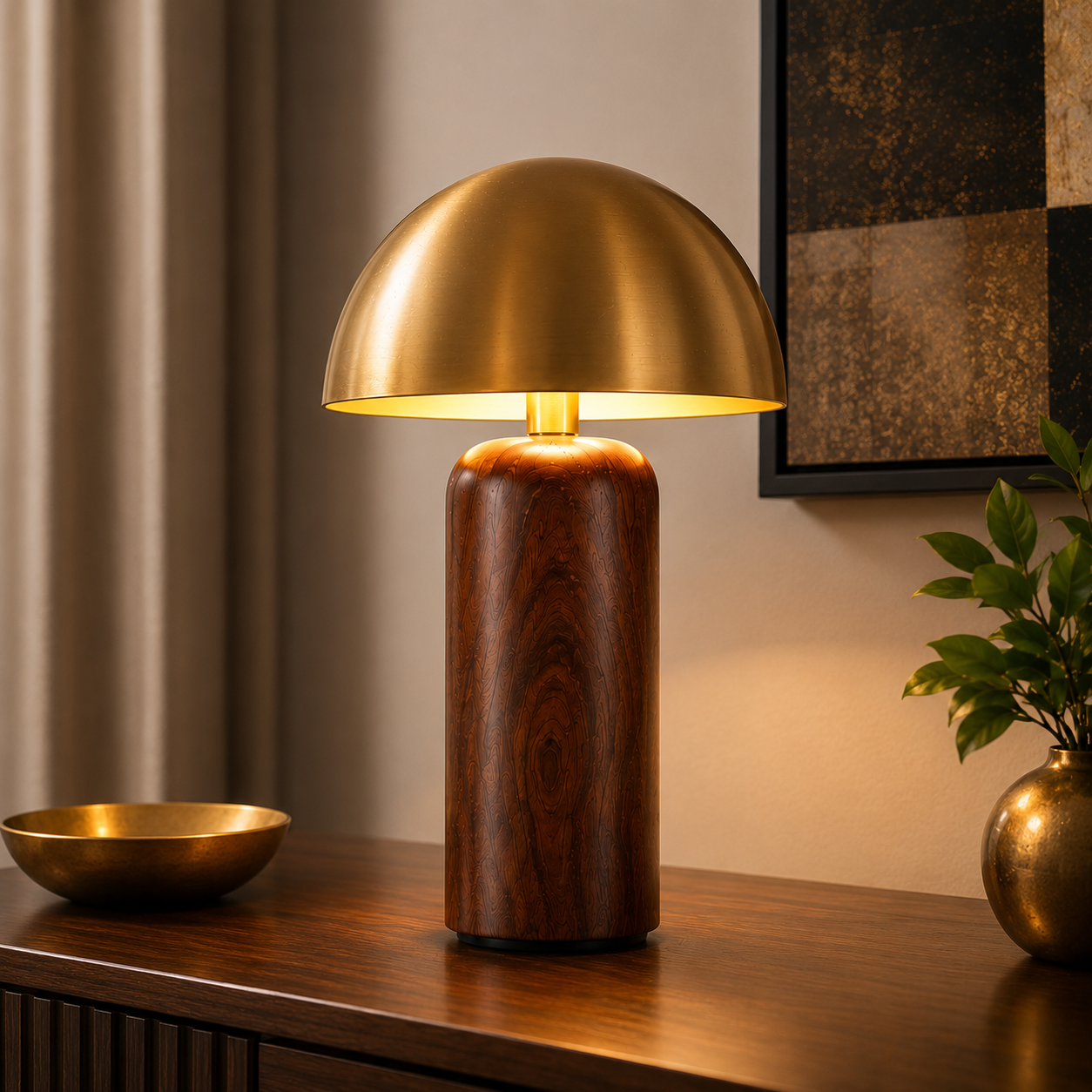 Golden Dome Table Lamp with Wooden Base Modern Ambient Light